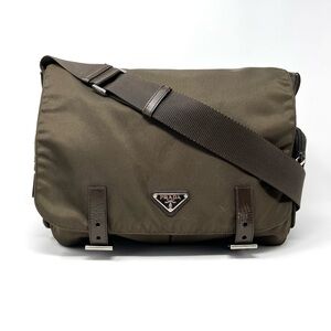 Vintage Prada Vela Brown Nylon Triangle Logo Crossbody Messenger Shoulder Bag